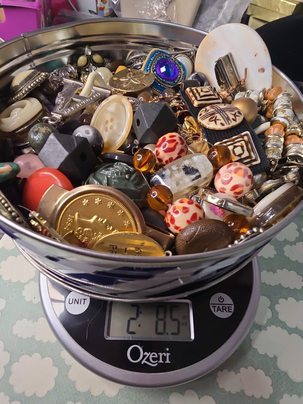 Craft drawer Tin full of buttons, beads, pins, misc  2.8 lbs